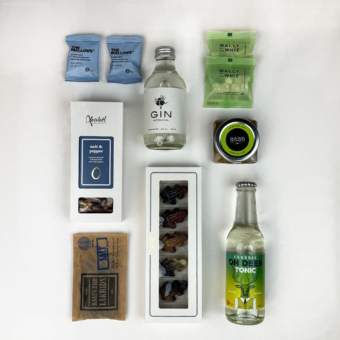 gavepakke gin tonic mandler slik lakrids chokolade