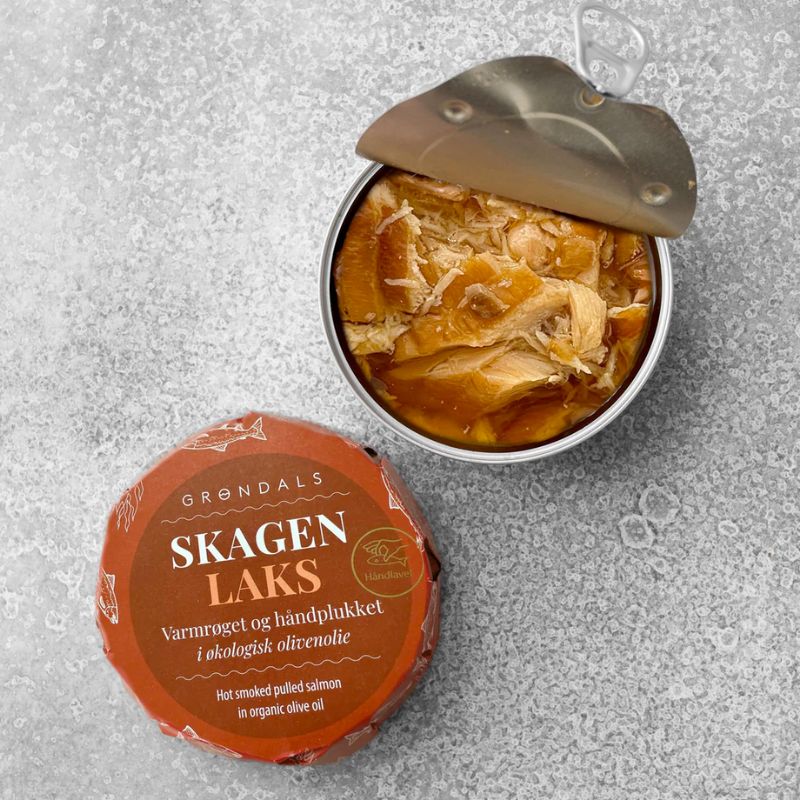 køb grøndals skagen laks varmrøget håndplukket hot smoked pulled salmon konserves