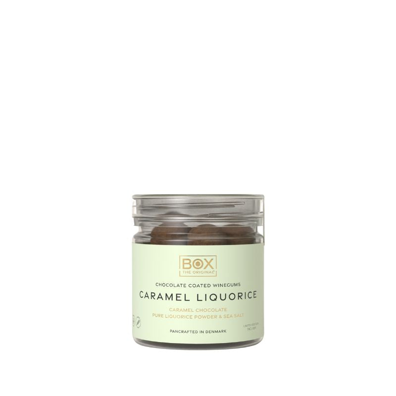 Box The Original Caramel Liquorice i tube med 110 g vingummi og lakrids