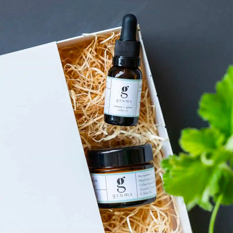 grums ansigtscrem og ansigtsolie i gaveæske genanvendt kaffegrums