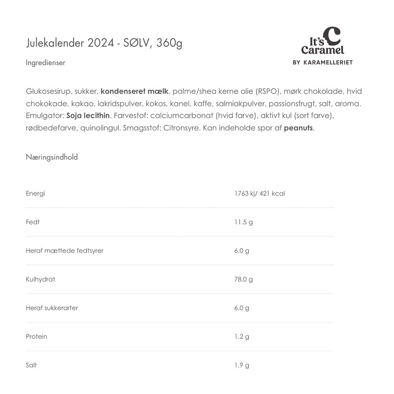 Julekalender 2024 sølv karamelleriet it's caramel ingredienser