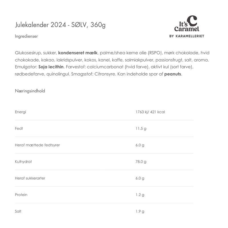 Julekalender 2024 sølv karamelleriet it's caramel ingredienser