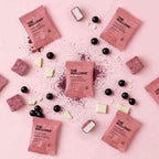 the mallows flowpack blackcurrant solbær og hvid chokolade individuelt indpakket
