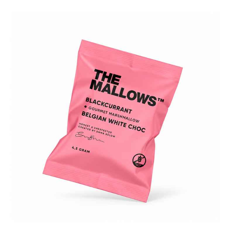 the mallows flowpack blackcurrant solbær og hvid chokolade