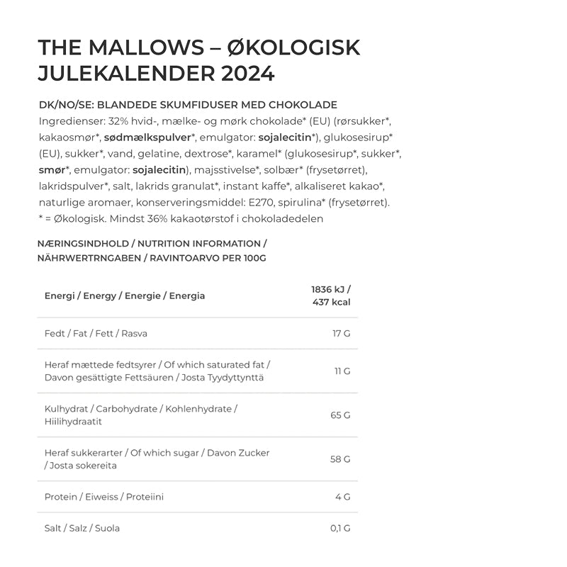 The Mallows Økologiske julekalender 2024 skumfiduser ingredienser 