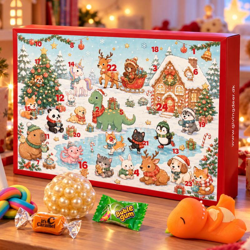 Juleklem julekalender til børn med squishys, fidget legetøj, slik og farverigt julemotiv med nuttede dyr
