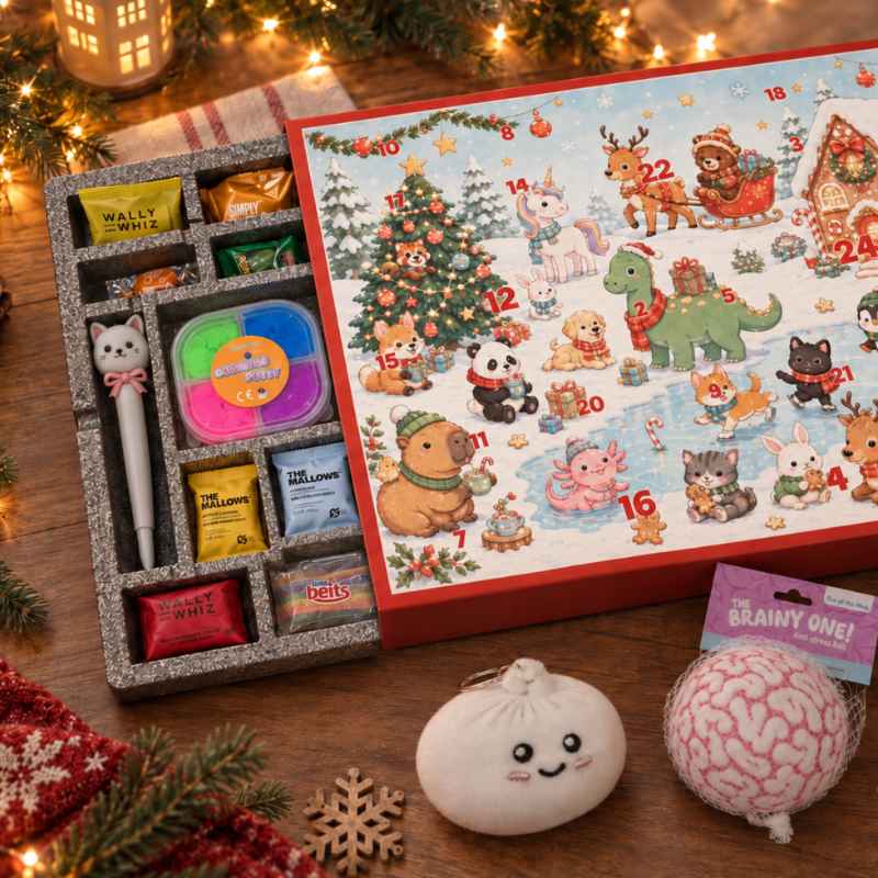 Juleklem julekalender til børn med squishys, fidget legetøj, slik og farverigt julemotiv med nuttede dyr