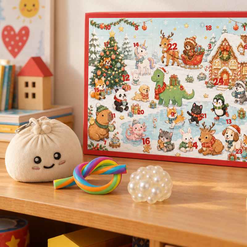 Juleklem julekalender til børn med squishys, fidget legetøj, slik og farverigt julemotiv med nuttede dyr