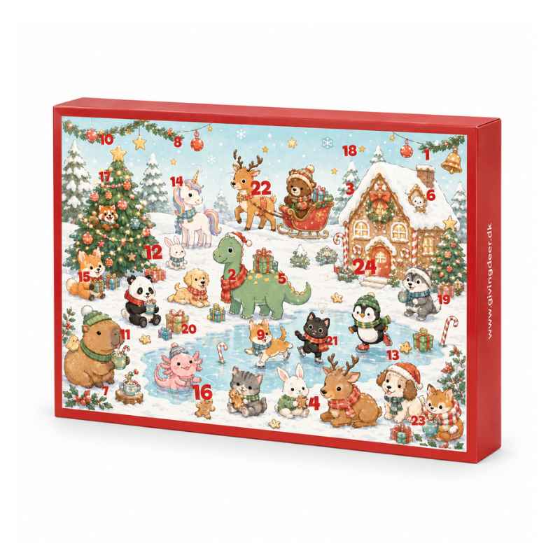 Juleklem julekalender til børn med squishys, fidget legetøj, slik og farverigt julemotiv med nuttede dyr squishykalender