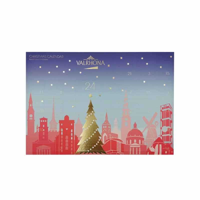 Valrhona Danske Tårne chokoladejulekalender med 24 låger og 180 g fransk mørk chokolade og mælkechokolade