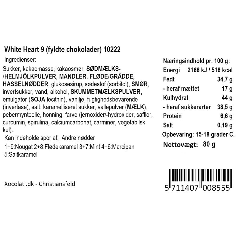 Xocolatl - Hjerteæske i hvid - 9 stk.