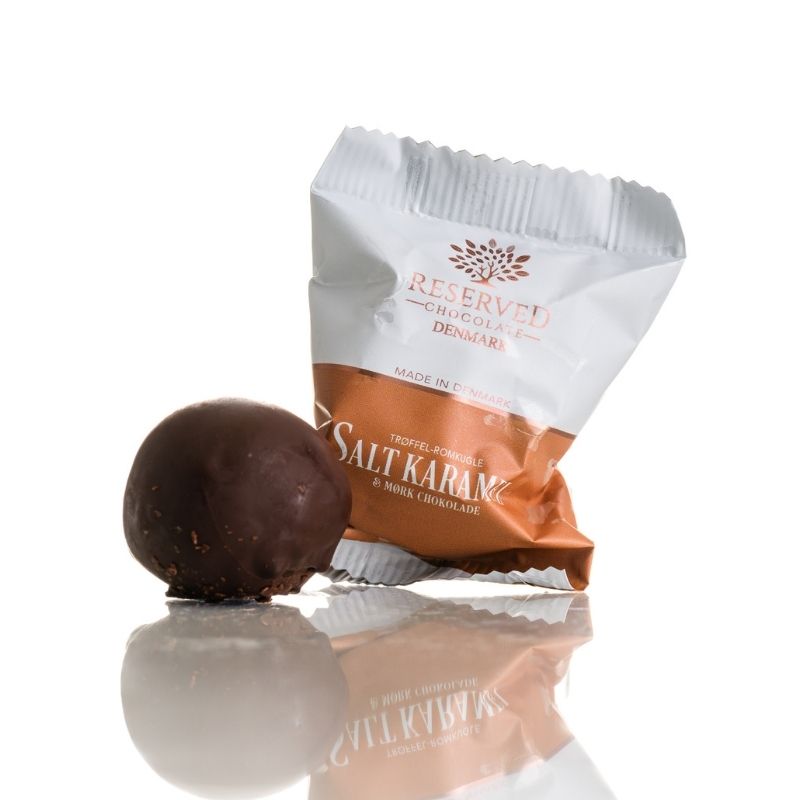 individuelt indpakket romkugle trøfler chokolade flowpack