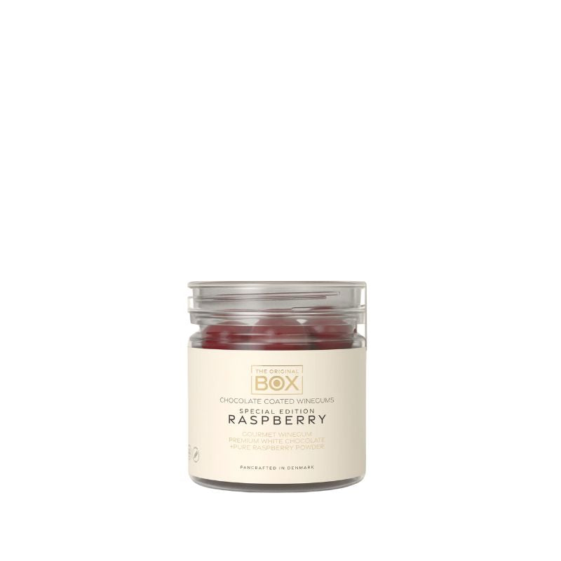 BOX The Original Raspberry – chokoladeovertrukket winegum vingummi chokolade hindbær 
