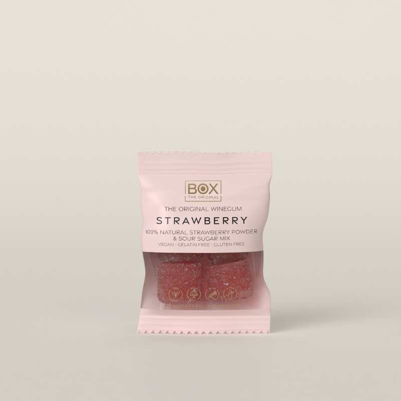 box the original strawberry jordbær vingummi flowpack individuelt indpakket