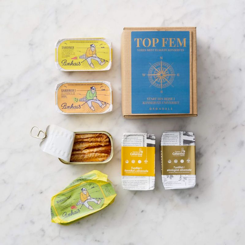 Grøndals 5 favoritter – smagekasse med tun, makrel og sardiner luksus konserves prep prepping
