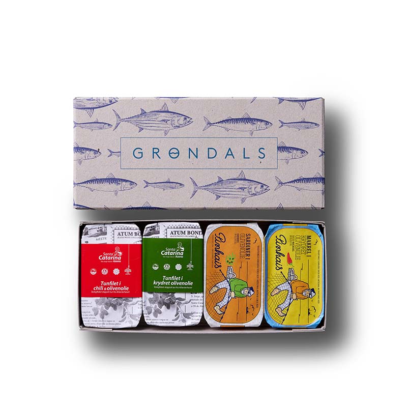 grøndals værtsgave fiskekonserves gaveæske dåsetun